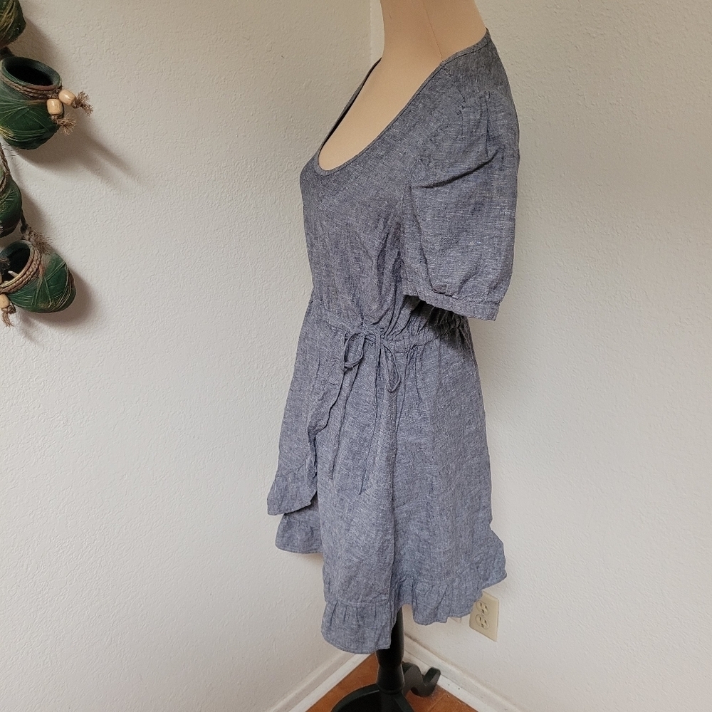 Toad & Co Blue Organic Cotton Scoop Neck Dress with Faux Wrap skirt and Ruffle - Picture 6 of 7